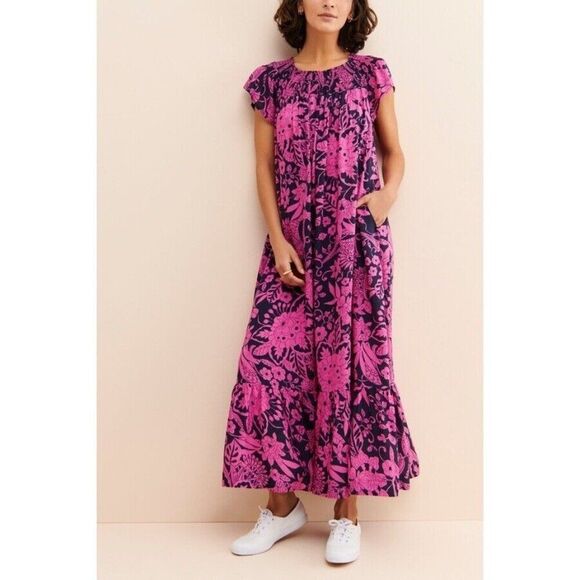 Anthropologie XS Arielle Sleep Maxi Dress Pink Navy Pockets Boho - Picture 1 of 11